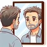 A cartoon drawing of a man looking at himself in a mirror