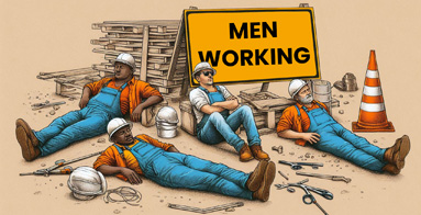 A group of construction workers relaxing next to a sign that says "men working."