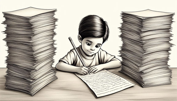 A young boy is writing using a pencil and paper.  He is surrounded by large piles of paper.